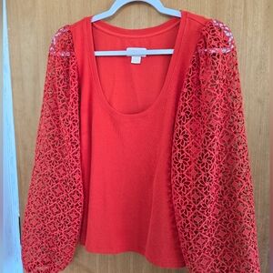 Elegant Coral Lace Sleeve Women's Top
